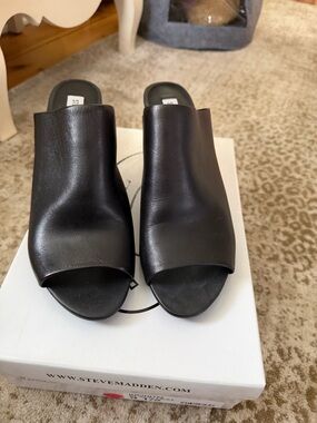 Steve Madden Black Leather Open-Toe Mules with Gold Heel